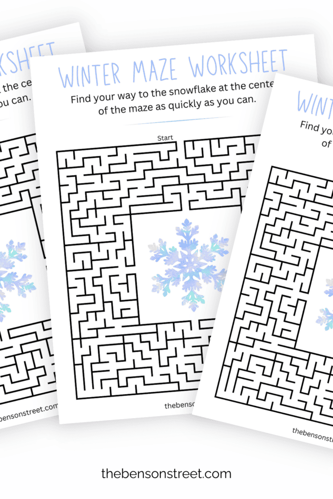 Winter Maze Worksheet find the snowflake in the center free printable