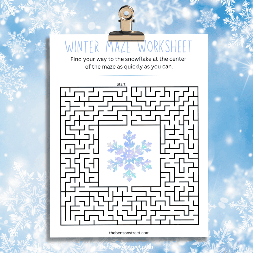 Winter Maze Worksheet printable for kids