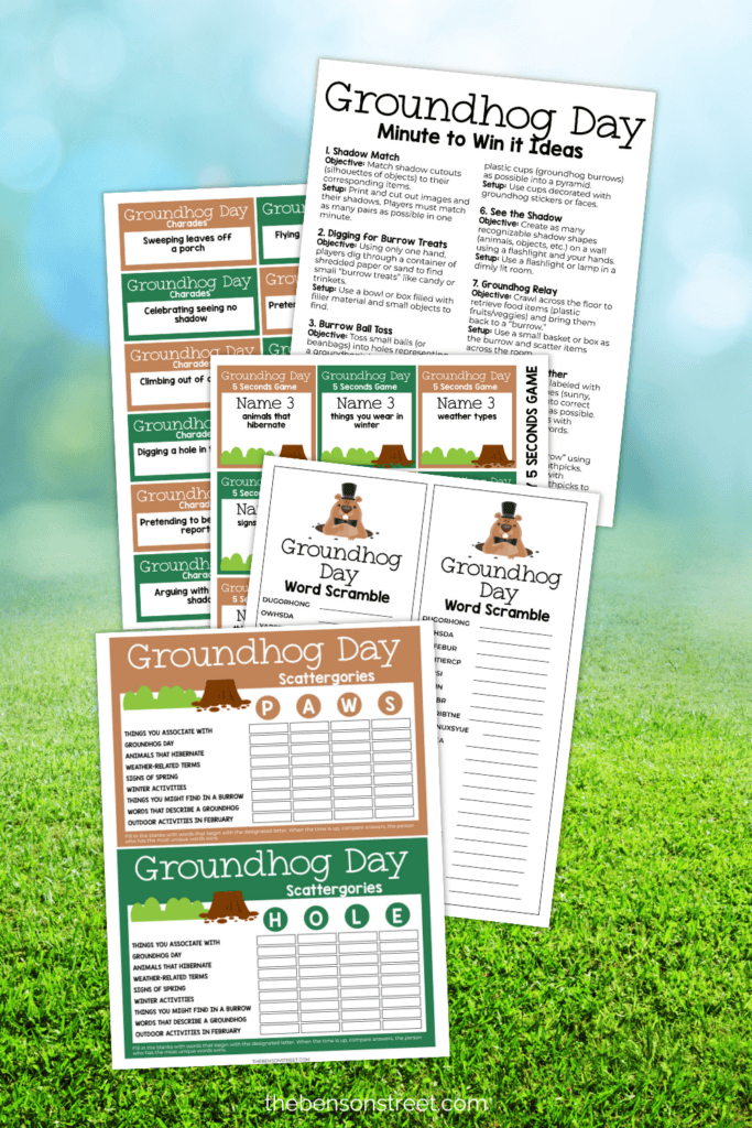 6 Different Groundhog Day themed games to print and play