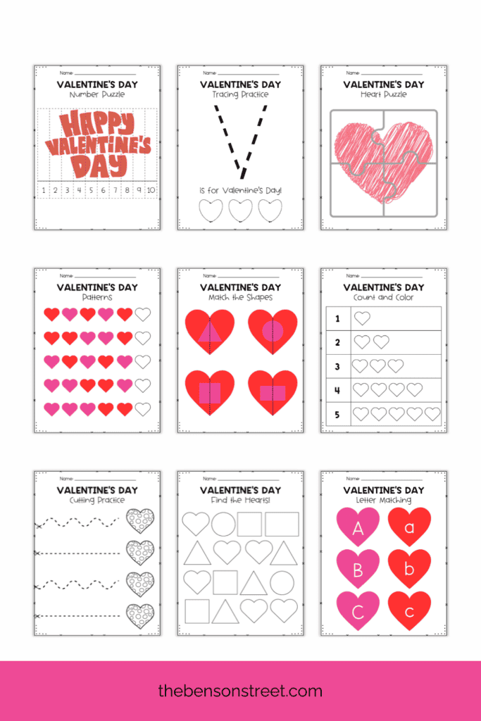 A huge set of preschool printable activity worksheets for Valentine's Day