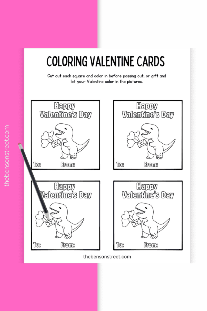 Adorable Dinosaur Coloring Valentine Cards