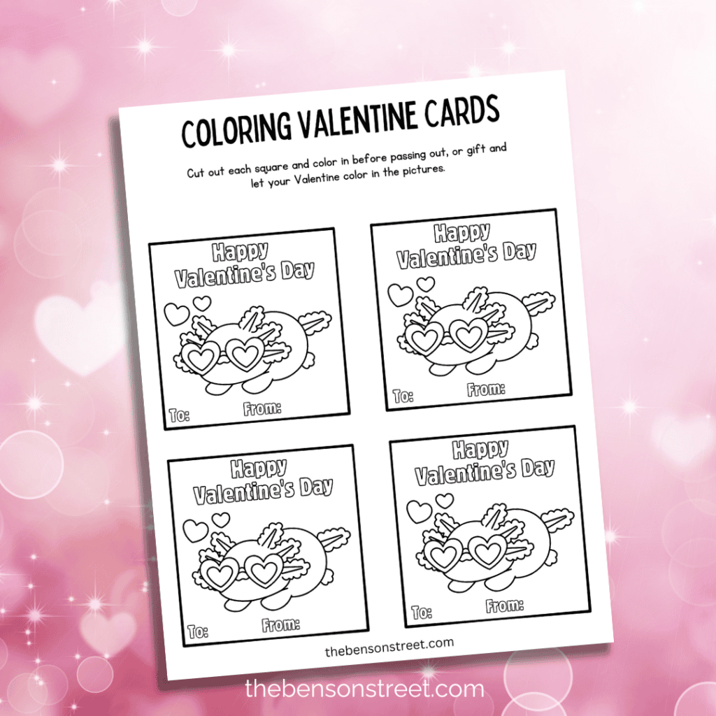 Axolotl Coloring Valentine's Day coloring Cards for gifting