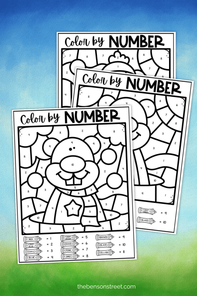 Color by Number Worksheets for Groundhog Day on February 2nd