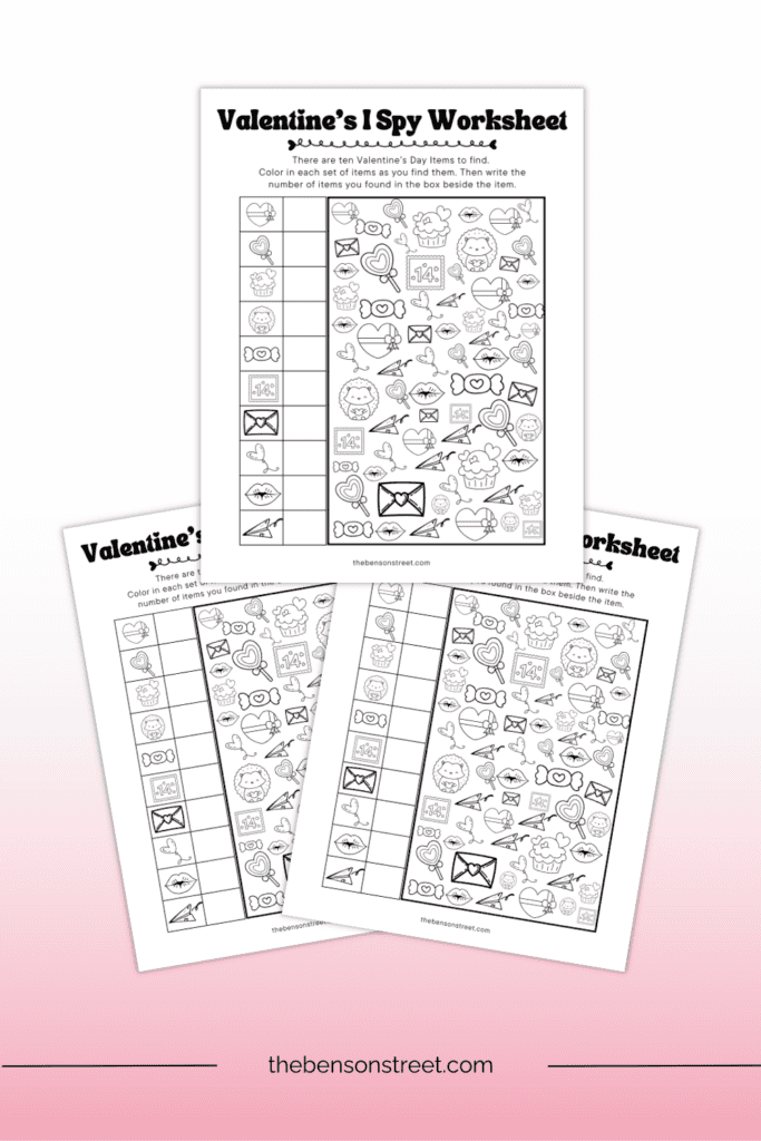 Easy and free fun Valentine Activity for Kids with a Valentine's I Spy Worksheet