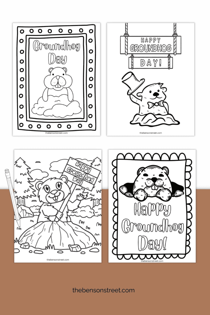 Four Free Printable Groundhog themed coloring pages for february 2nd