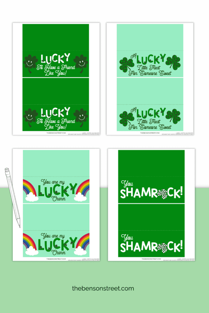 Four Tags to Dress up treat bags with St. Patrick's Day Bag Toppers free to print