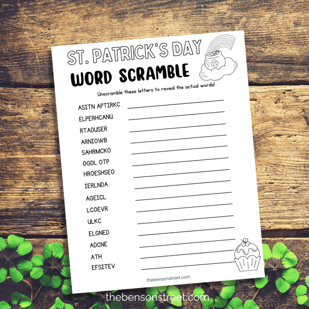 Free Printable Coloring St. Patrick's Day Word Scramble Puzzle