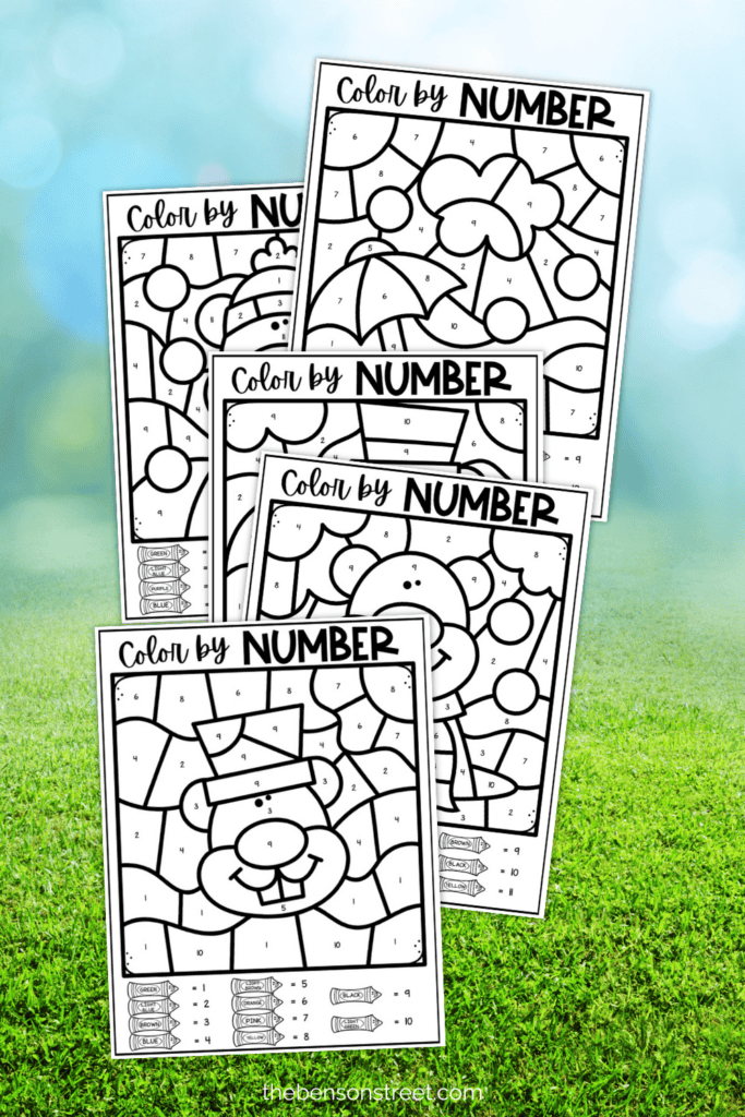 Free Printable Groundhog Day Color by Numbers worksheets to color