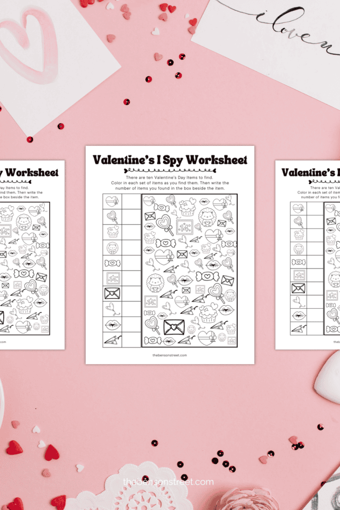 Free Printable I Spy worksheet for Valentine's Day with Valentine images