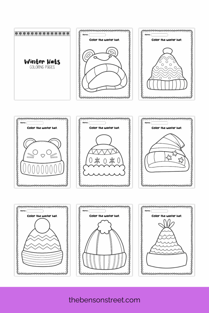 Free Printable set of 8 Winter Hat coloring pages for the winter season