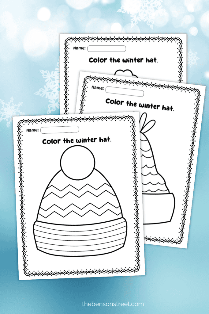 Free Printable set of 8 Winter coloring pages pictures of hats for winter
