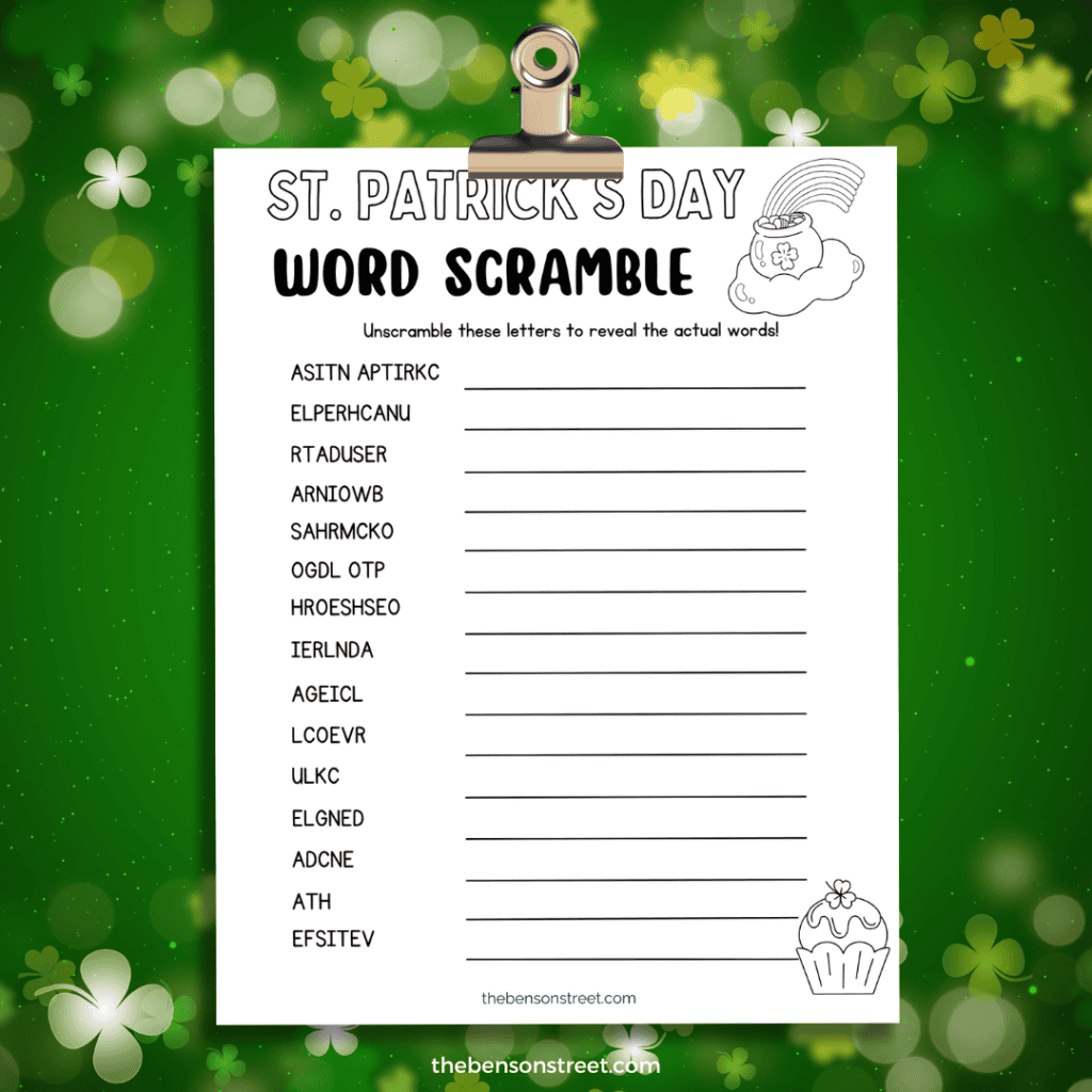 Free printable St. Patrick's Day Word Scramble with answer key