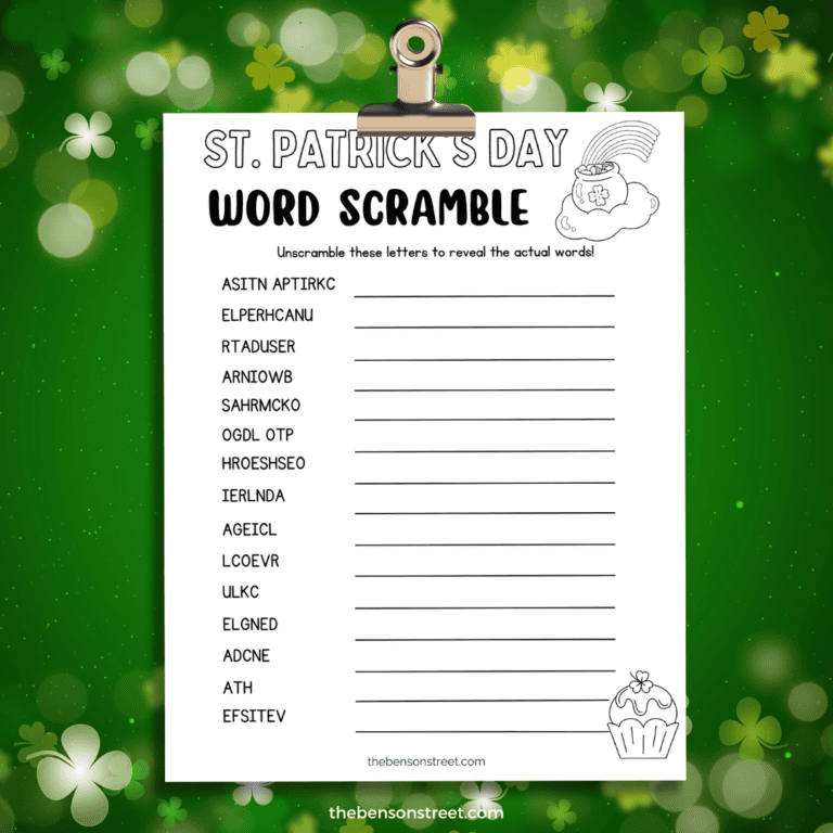 Free printable St. Patrick's Day Word Scramble with answer key