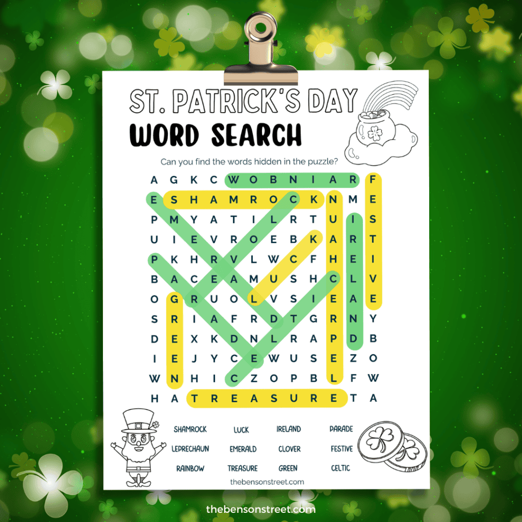 Free printable St. Patrick's Day Word Search with answer key