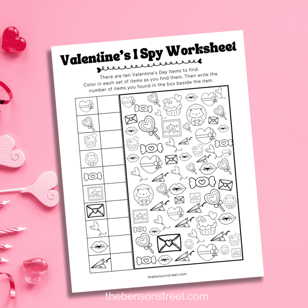 Free to print Valentine's I Spy Worksheet for Valentine's Day