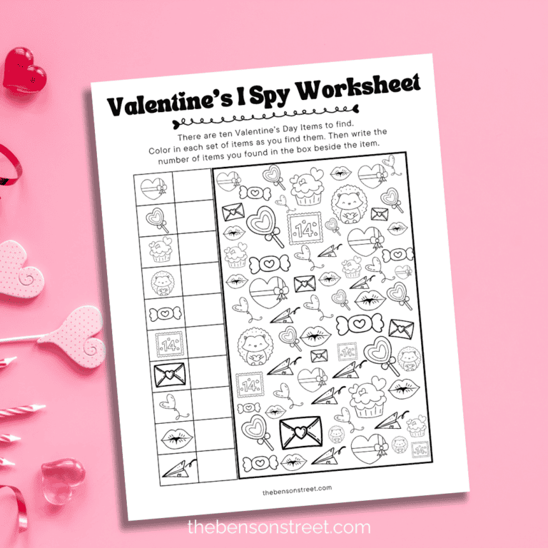 Free to print Valentine's I Spy Worksheet for Valentine's Day