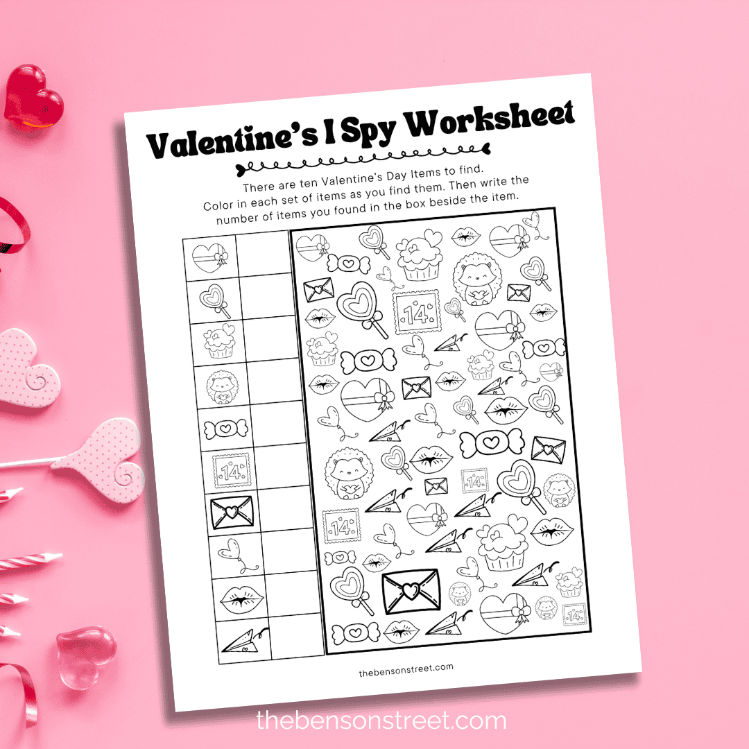 Free to print Valentine's I Spy Worksheet for Valentine's Day