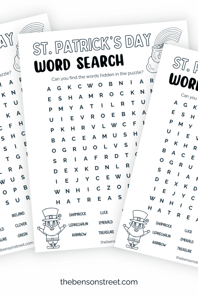 Free to print word search for March 17th with coloring