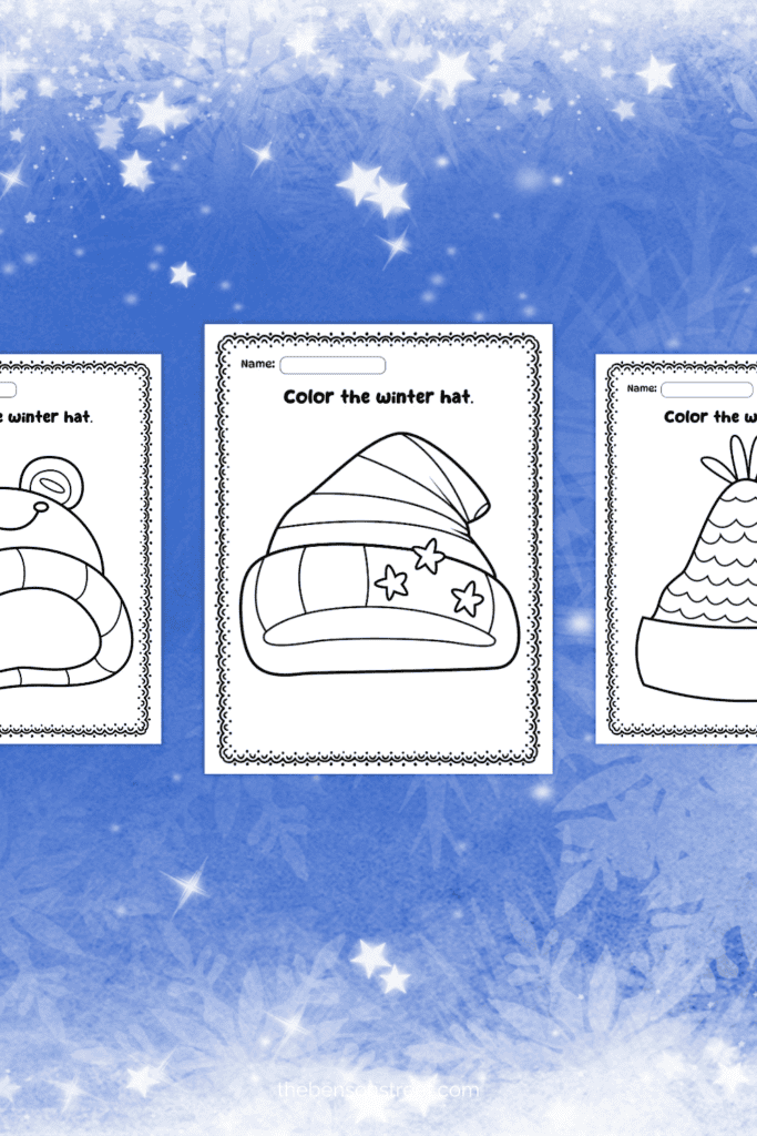Freebie set of 8 Winter Hat coloring pages printable