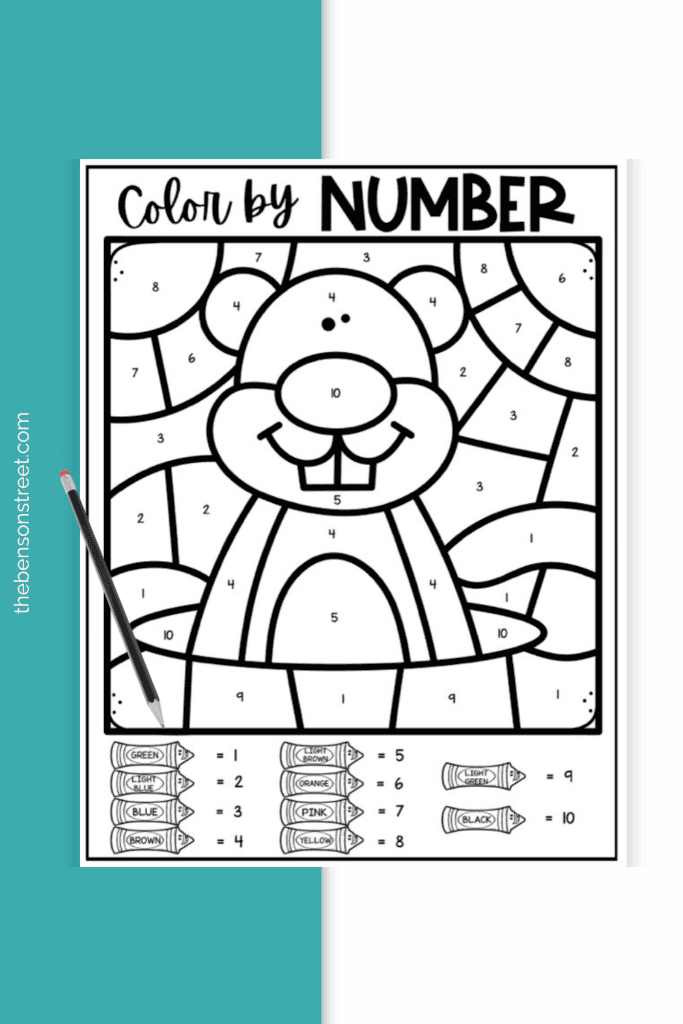 Groundhog Day Themed Color by Number Worksheets for Groundhog Day on February 2nd