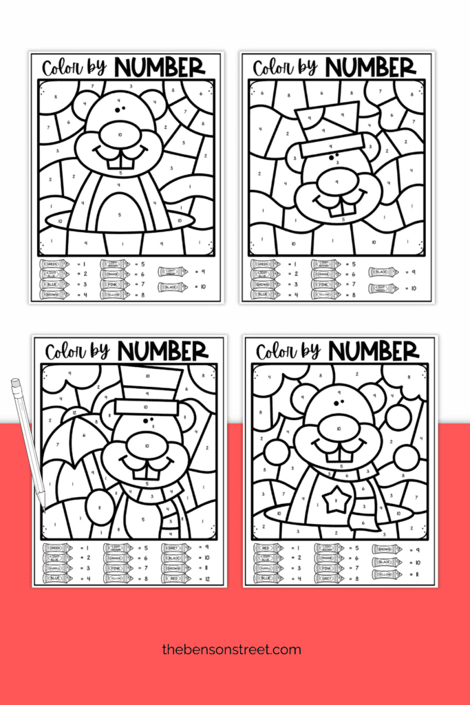 Groundhog Themed Color by Number Worksheets for Groundhog Day on February 2nd
