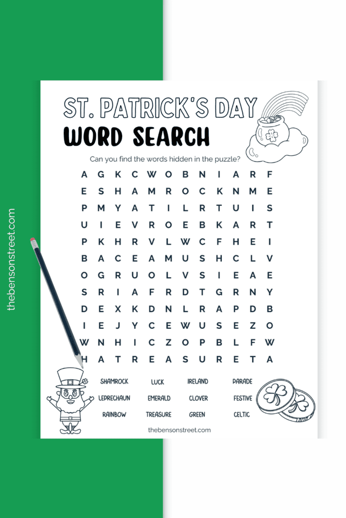 Let's have fun on St. Patrick's Day with a free printable word search coloring page