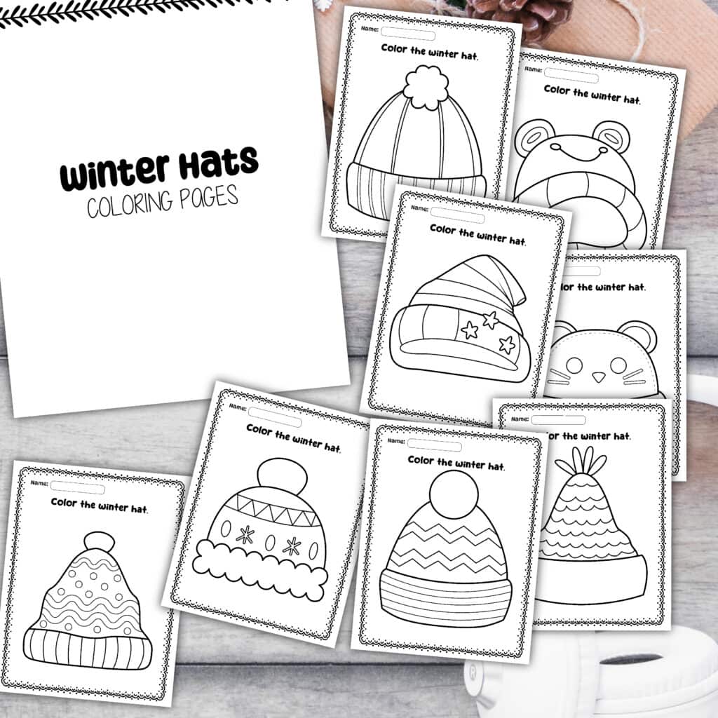 Mockup of eight winter hat coloring pages