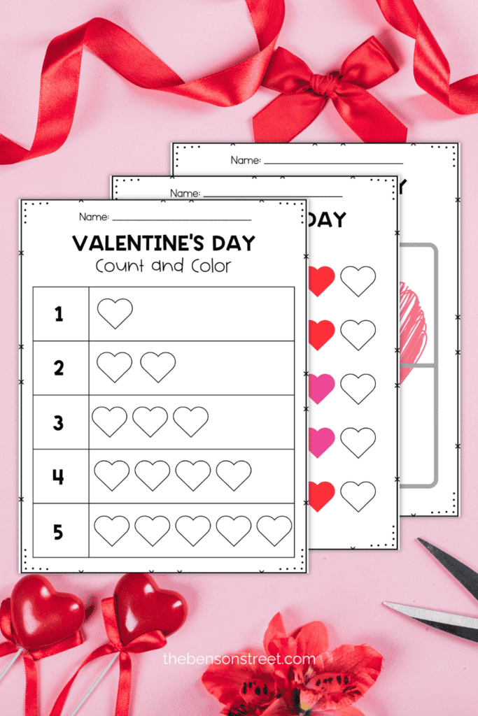 Preschool Valentine's Day Pack free printable pages for count and color, patterns, and puzzles