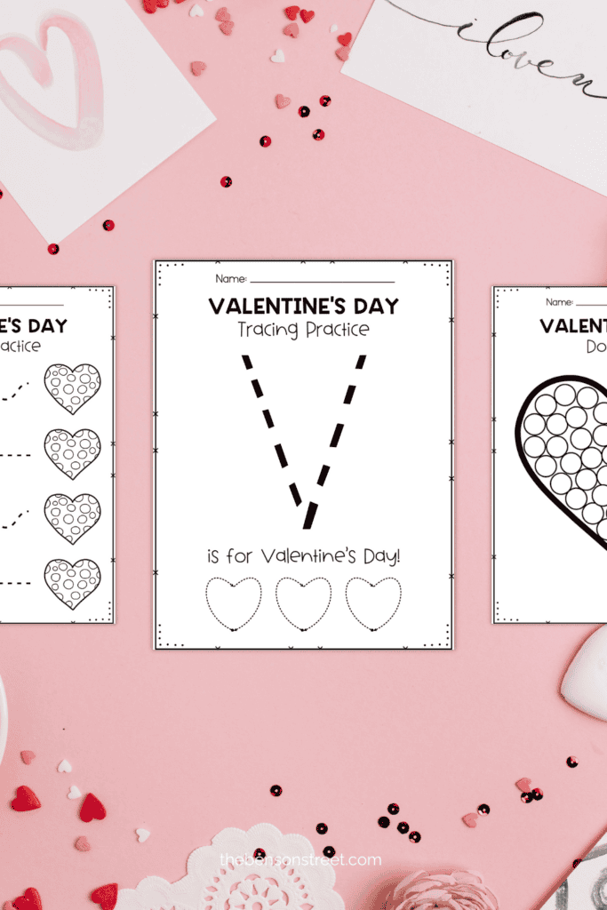 Preschool Valentine's Day Pack free printable pages for for tracing practice, cutting practice, and do-a-dot page