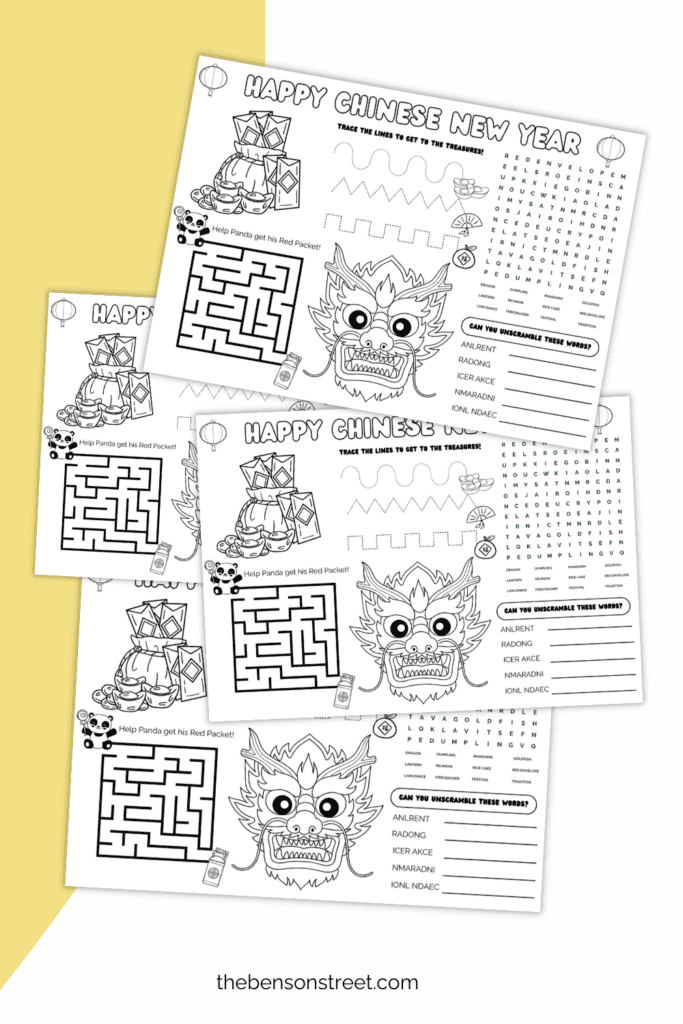 Printable Lunar new year activity placemat for kids with answer key