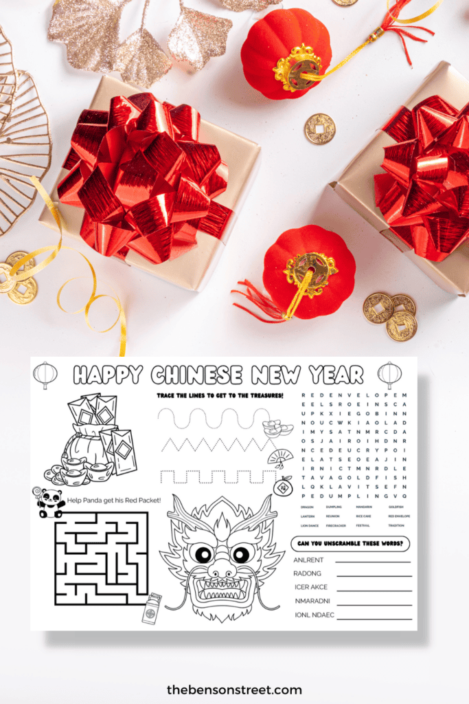 Printable Lunar or Chinese new year activity placemat for kids with answer key