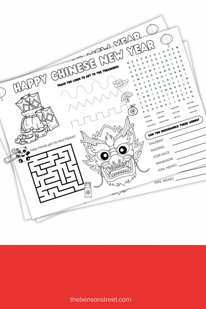 Printable Placemat for Chinese new year with activities for kids with answer key