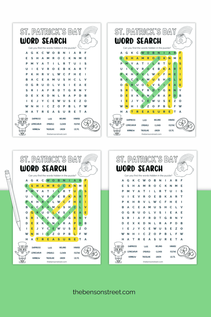 Quick and fun St. Patrick's Day Word Search coloring page to print