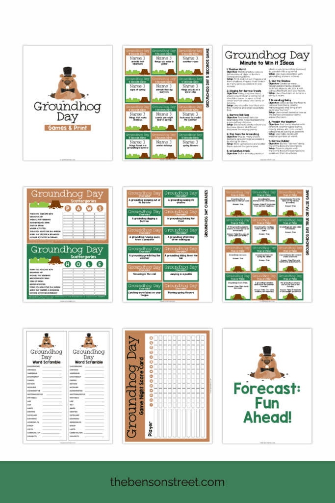 Set of 6 Printable Games for Groundhog Day on February 2nd. Free printable groundhog games