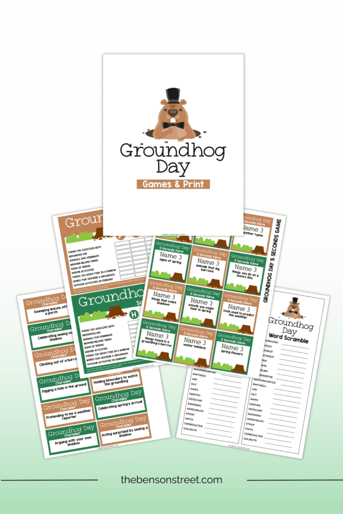 Simple to play groundhog day printable games bundle with everything you need for a family game night