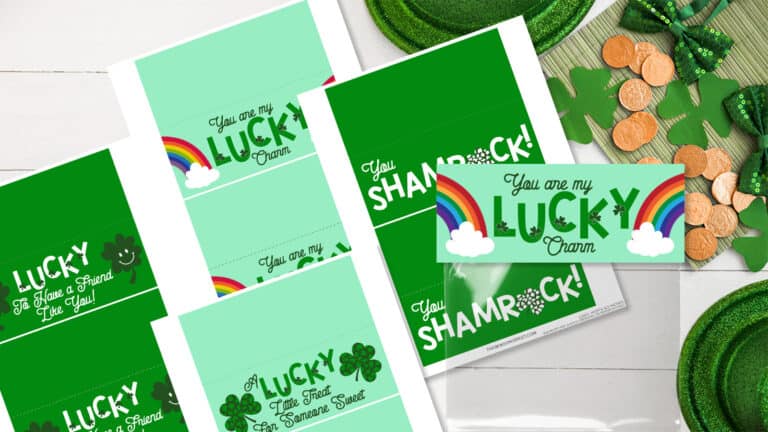 Flat Lay with Bag Toppers and bag example for St. Patrick's Day Bag Toppers for Treat Bags