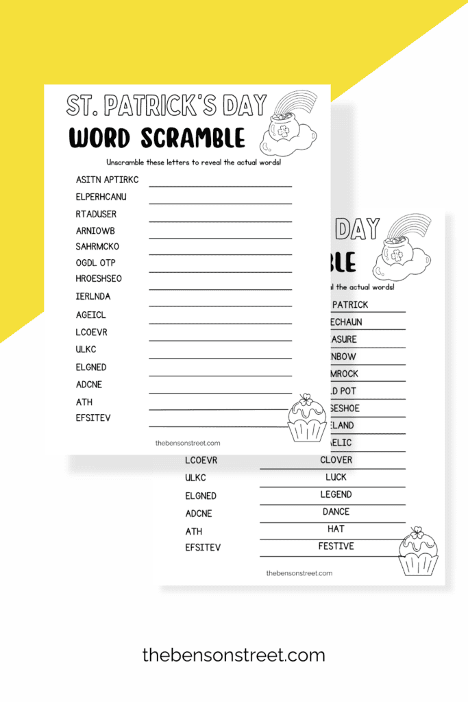 St. Patrick's Day Word Scramble coloring Page with answer key