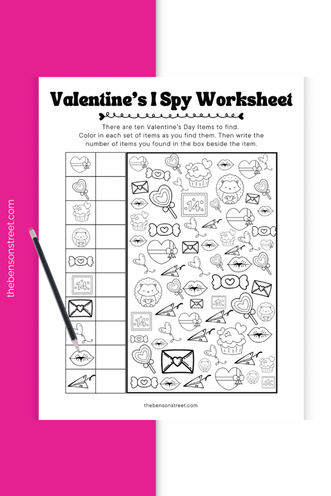 Stress Free Valentine Activity for kids. Free Printable Valentine's Day I Spy Worksheet