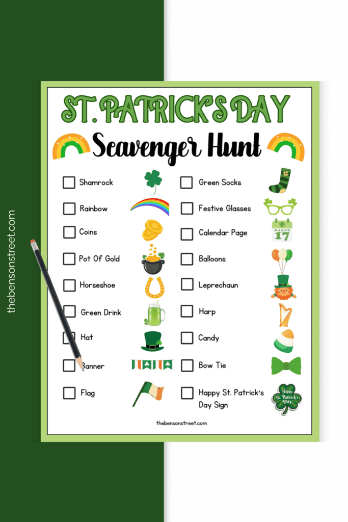 Themed Scavenger Hunt for kids with a printable sheet for March 17th