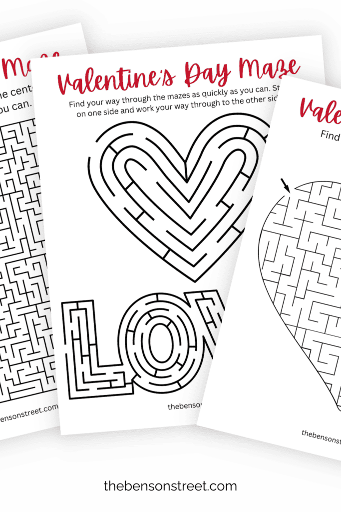 Three different pages of mazes for Valentine's Day