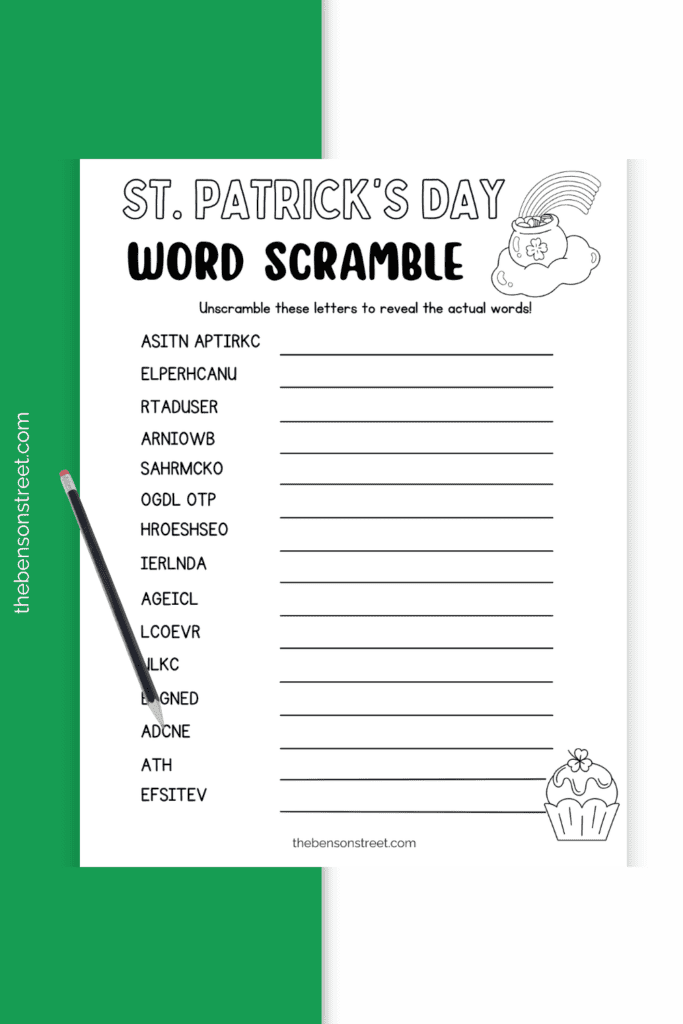 Word Scramble Game with a pencil for St. Patty's Day worksheet