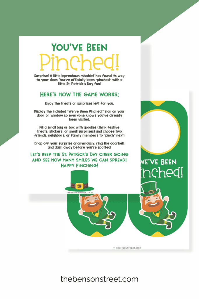 You've Been Pinched Instructions and door hanger signs for St. Patrick's Day