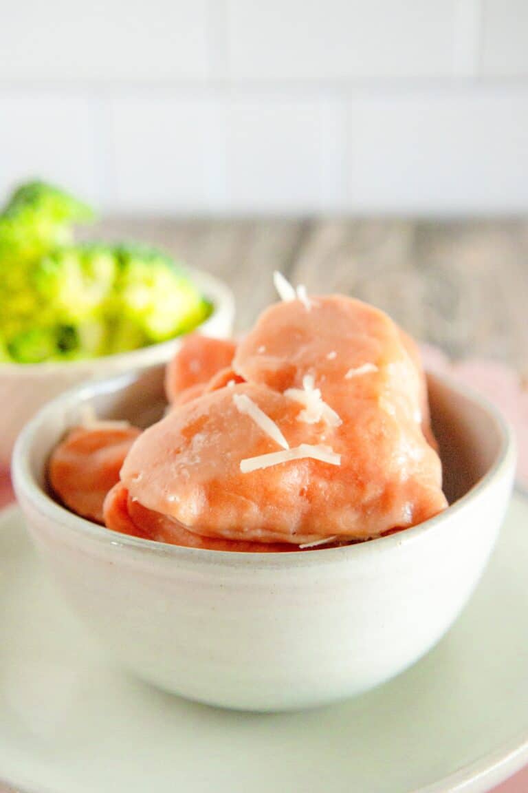 side shot of a bowl of Valentine's Day Heart Ravioli Recipe