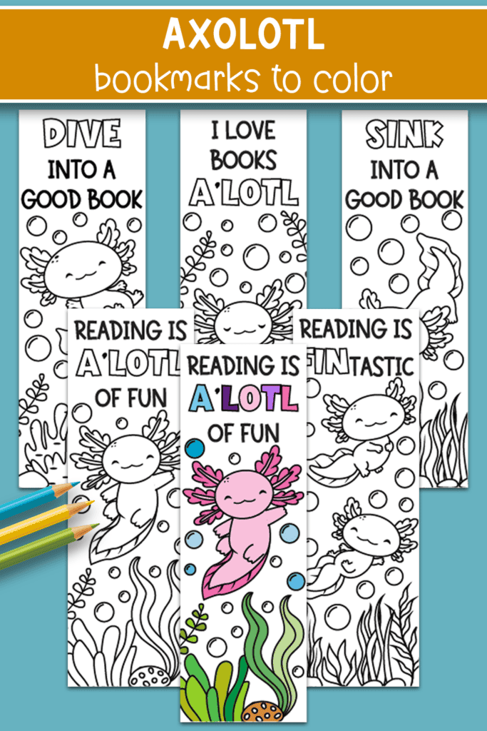 axolotl bookmarks to color in five different styles