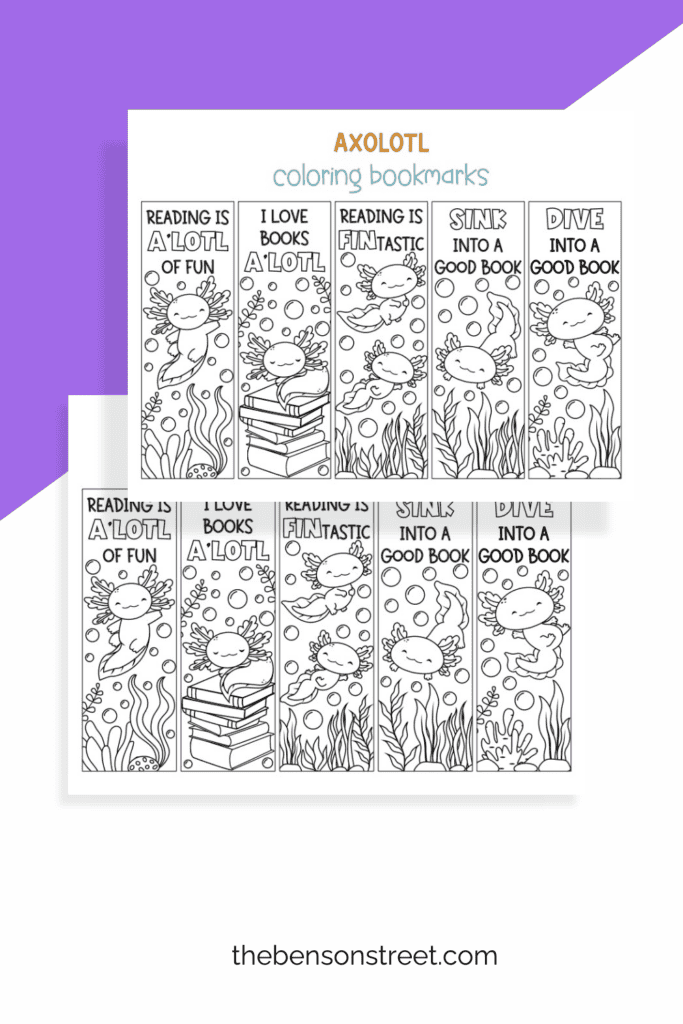 Digital Download Set of free printable axolotl bookmarks to color