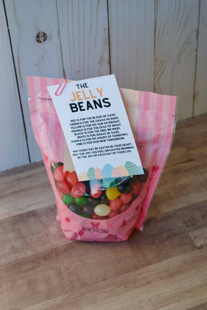 Free Printable Jelly Bean Prayer Printed and attached to a bag of classic jelly beans for Easter