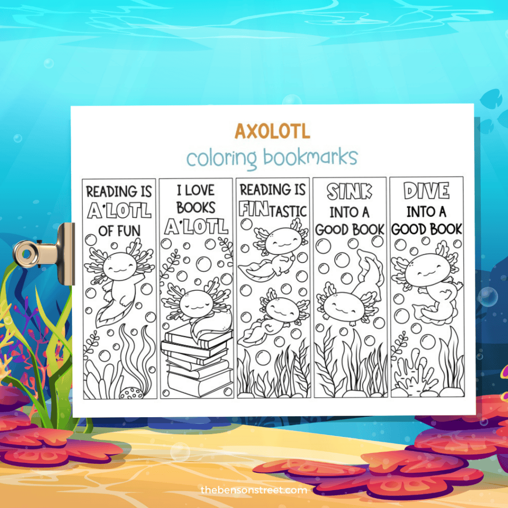 Free printable axolotl themed coloring bookmarks