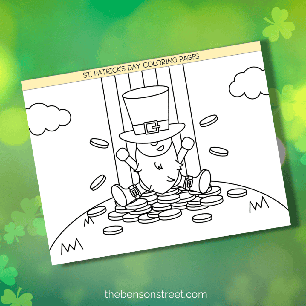 Free printable leprechaun at the end of a rainbow coloring page