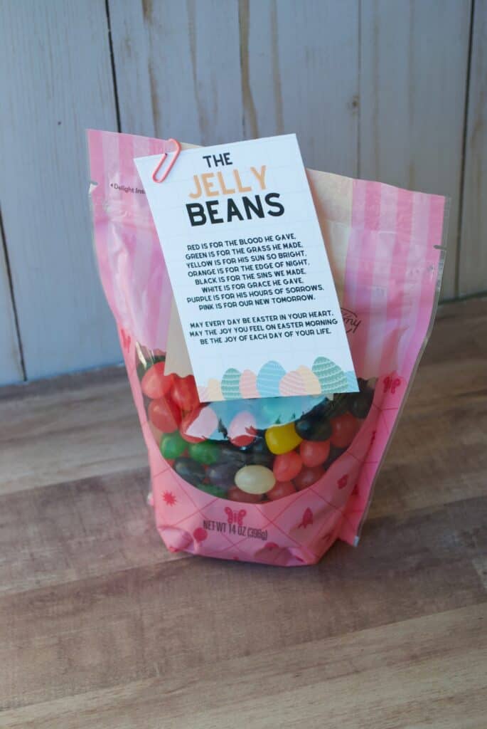 Free to Print Easter Poem about the colors of Jelly Beans attached to a bag of jelly beans
