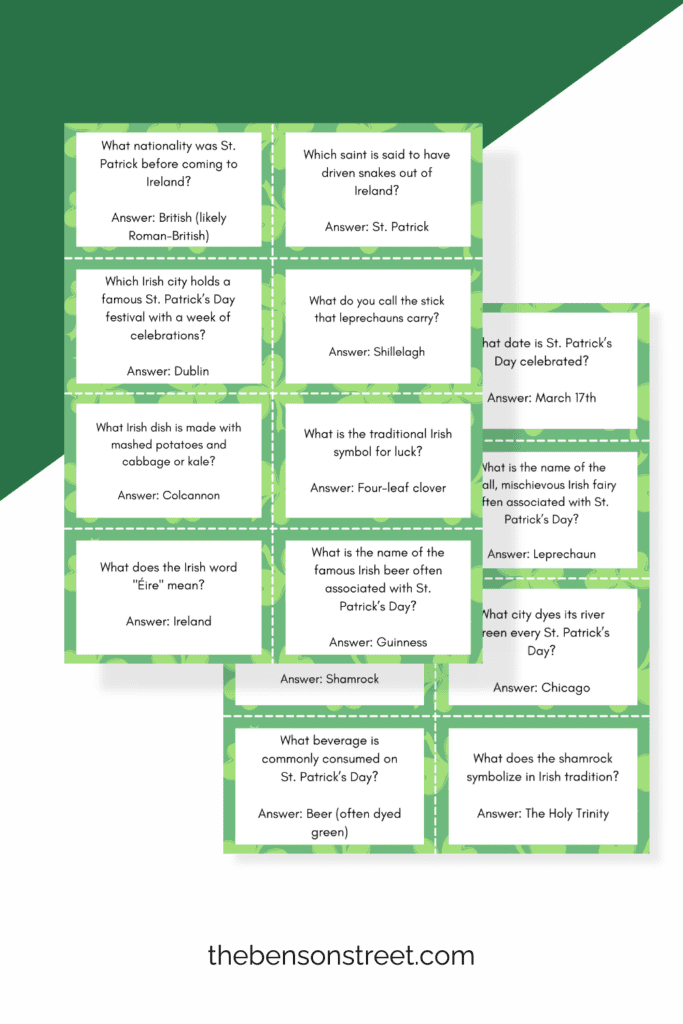 Print and cut trivia questions cards for St. Patty's Day